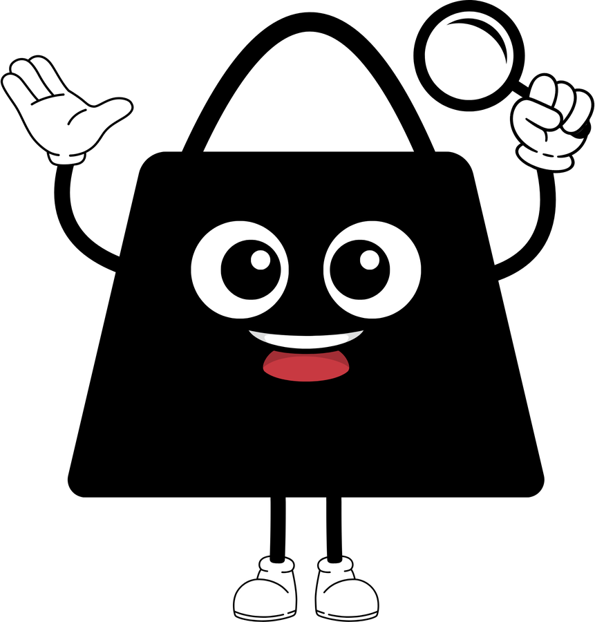 Mascote do Caça-Promo, uma sacola preta sorridente segurando uma lupa